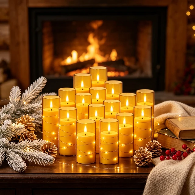 Alt view image 3 of 7 - 12 Pack Champagne Flameless Taper Candles, Flickering Black Wick LED Candles with Copper Wire Lights, Heat Resistant ABS with 2 Remotes, Assorted Sizes for Indoor Outdoor Decor