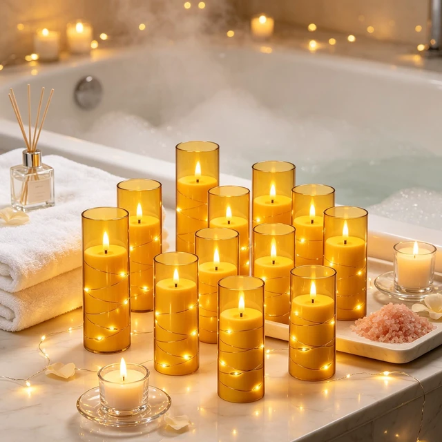 Alt view image 5 of 7 - 12 Pack Champagne Flameless Taper Candles, Flickering Black Wick LED Candles with Copper Wire Lights, Heat Resistant ABS with 2 Remotes, Assorted Sizes for Indoor Outdoor Decor