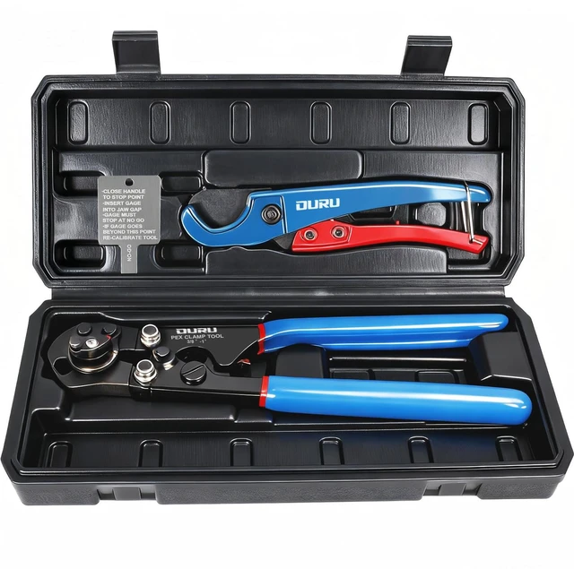 Main image of PEX Crimping Tool Kit, Cinch & Remove, 3/8" to 1", with PEX Cutter 2 IN 1 Ratchet Crimp Tool, Non-Slip Grip, Plastic Storage Box, Plumbing Applications