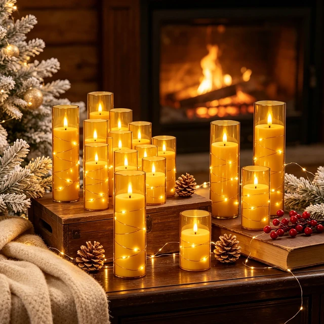 Alt view image 2 of 7 - 12 Pack Champagne Flameless Taper Candles, Flickering Black Wick LED Candles with Copper Wire Lights, Heat Resistant ABS with 2 Remotes, Assorted Sizes for Indoor Outdoor Decor