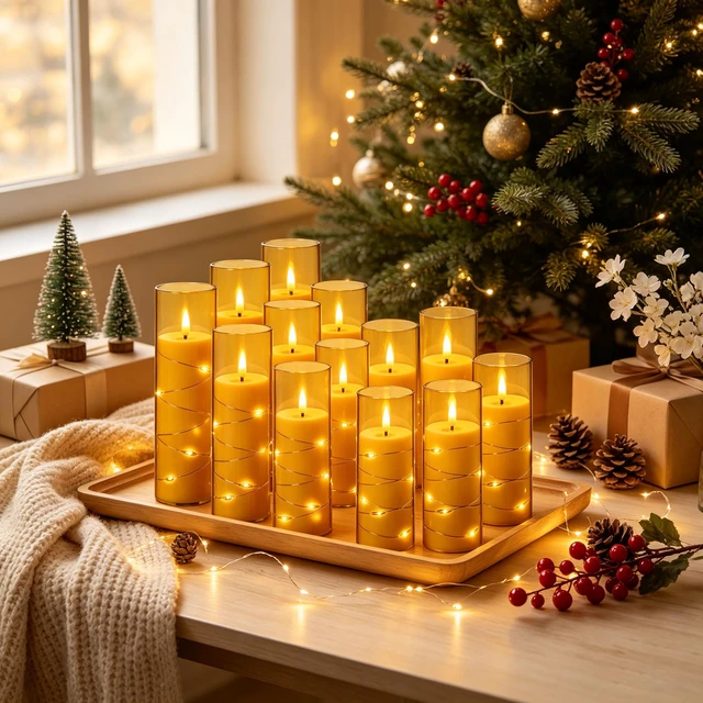 Alt view image 7 of 7 - 12 Pack Champagne Flameless Taper Candles, Flickering Black Wick LED Candles with Copper Wire Lights, Heat Resistant ABS with 2 Remotes, Assorted Sizes for Indoor Outdoor Decor