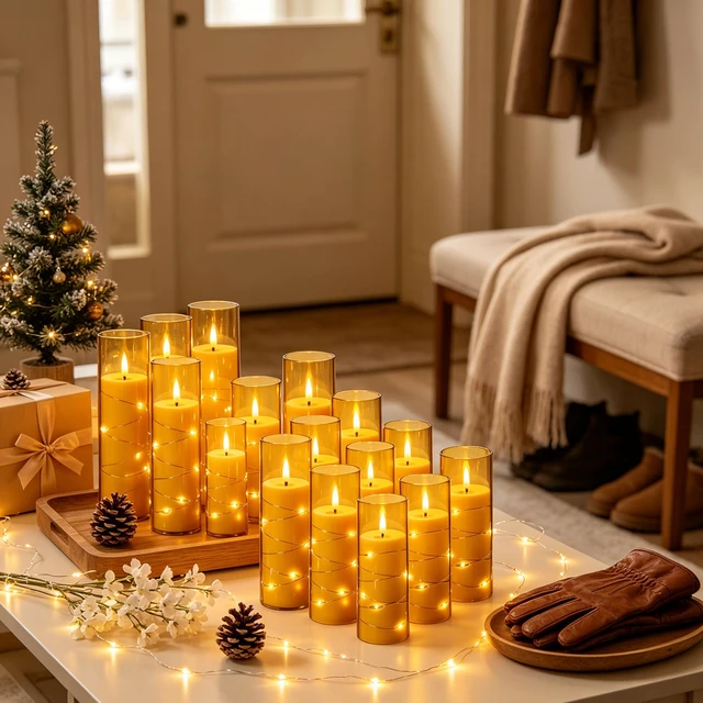 Alt view image 4 of 7 - 12 Pack Champagne Flameless Taper Candles, Flickering Black Wick LED Candles with Copper Wire Lights, Heat Resistant ABS with 2 Remotes, Assorted Sizes for Indoor Outdoor Decor
