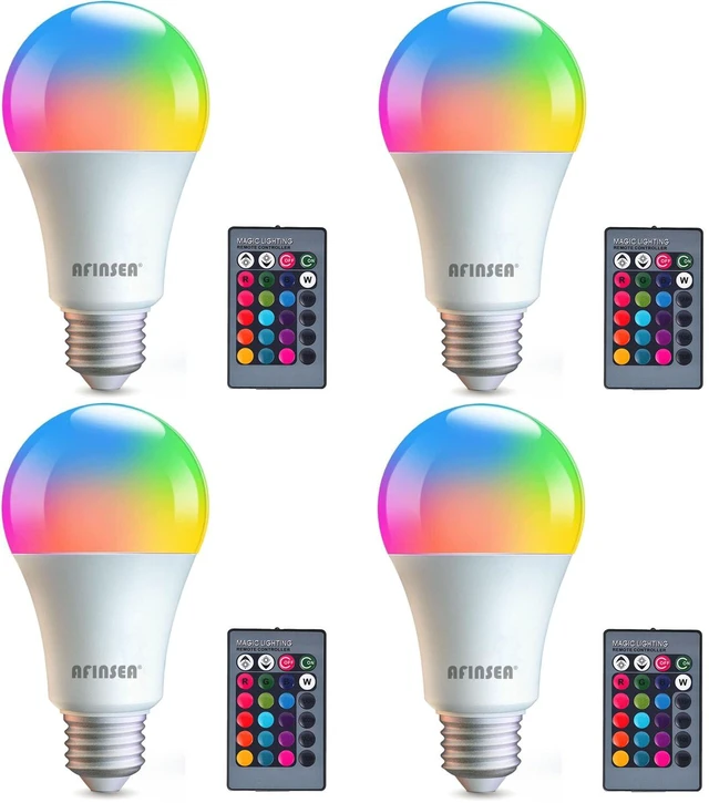 Main image of 4 Pack RGB Color Changing Light Bulbs with Remote,RGBW LED Light Bulbs,9W Warm White 6500K,16 Color Multicolor A19 E27 Dimmable Memory Function,for Home Decoration,Stage,Bar,Party