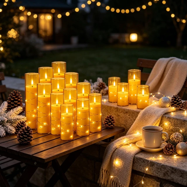 Alt view image 6 of 7 - 12 Pack Champagne Flameless Taper Candles, Flickering Black Wick LED Candles with Copper Wire Lights, Heat Resistant ABS with 2 Remotes, Assorted Sizes for Indoor Outdoor Decor