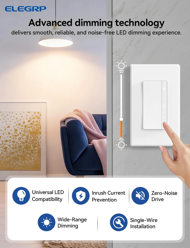 Alt view image 6 of 7 - LEDPro Multi-Location Dimmer, EDM25BM Master Dimmer Light Switch for LED, Single Pole/3 Way, 2 Pack, Matte White