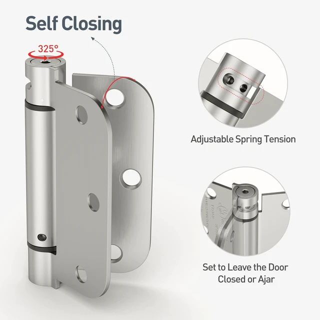 Alt view image 3 of 7 - 4 Pack Brushed Nickel Self Closing Door Hinges, 3.5 Inch 5/8'' Radius Corners Spring Door Hinge, Adjustable Tension for Garage, Front Door, Back Door, UL Listed, for Left and Right Hand Door