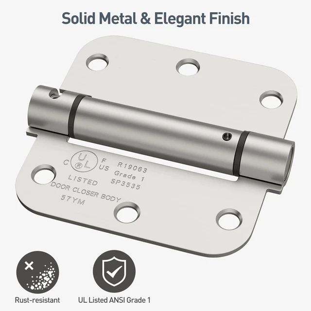 Alt view image 4 of 7 - 4 Pack Brushed Nickel Self Closing Door Hinges, 3.5 Inch 5/8'' Radius Corners Spring Door Hinge, Adjustable Tension for Garage, Front Door, Back Door, UL Listed, for Left and Right Hand Door
