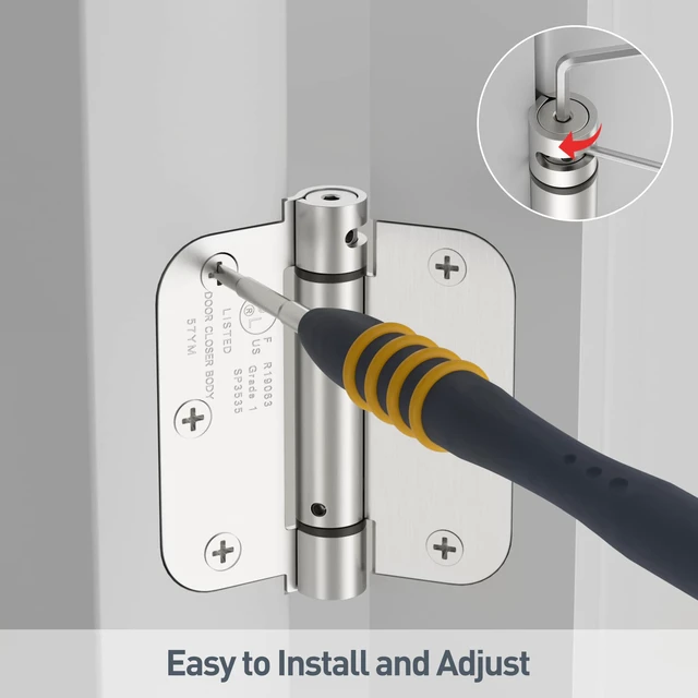 Alt view image 5 of 7 - 4 Pack Brushed Nickel Self Closing Door Hinges, 3.5 Inch 5/8'' Radius Corners Spring Door Hinge, Adjustable Tension for Garage, Front Door, Back Door, UL Listed, for Left and Right Hand Door
