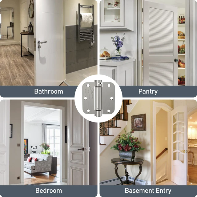 Alt view image 7 of 7 - 4 Pack Brushed Nickel Self Closing Door Hinges, 3.5 Inch 5/8'' Radius Corners Spring Door Hinge, Adjustable Tension for Garage, Front Door, Back Door, UL Listed, for Left and Right Hand Door