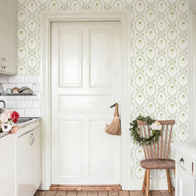 Alt view image 4 of 7 - Peel and Stick Wallpaper Floral Vintage Stick on Wall Paper 16.9in x196.8in Beige and Green Floral Contact Paper for Cabinet Removable Self Adhesive Wallpaper Vinyl Roll Shelf Decor