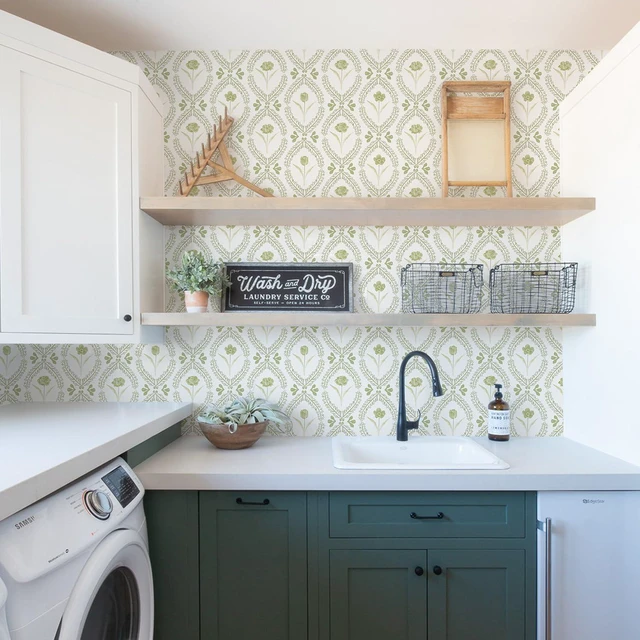Alt view image 5 of 7 - Peel and Stick Wallpaper Floral Vintage Stick on Wall Paper 16.9in x196.8in Beige and Green Floral Contact Paper for Cabinet Removable Self Adhesive Wallpaper Vinyl Roll Shelf Decor