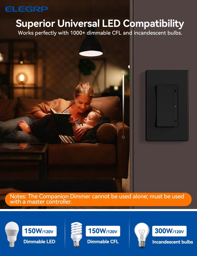 Alt view image 2 of 7 - LEDPro Multi-Location Dimmer, EDM25BM Master Dimmer Light Switch for LED, Single Pole/3 Way, 2 Pack, Matte Black
