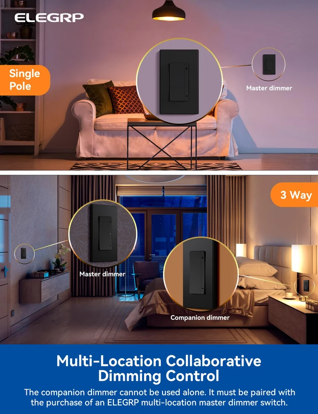 Alt view image 4 of 7 - LEDPro Multi-Location Dimmer, EDM25BM Master Dimmer Light Switch for LED, Single Pole/3 Way, 2 Pack, Matte Black
