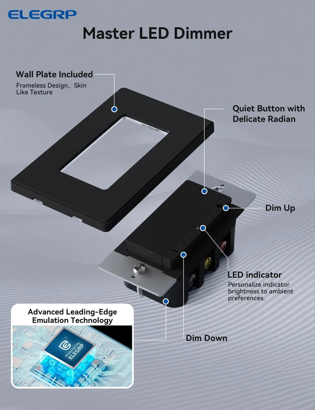 Alt view image 5 of 7 - LEDPro Multi-Location Dimmer, EDM25BM Master Dimmer Light Switch for LED, Single Pole/3 Way, 2 Pack, Matte Black