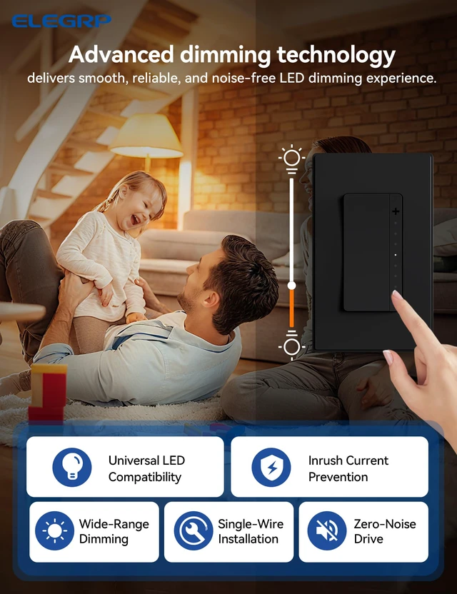 Alt view image 6 of 7 - LEDPro Multi-Location Dimmer, EDM25BM Master Dimmer Light Switch for LED, Single Pole/3 Way, 2 Pack, Matte Black