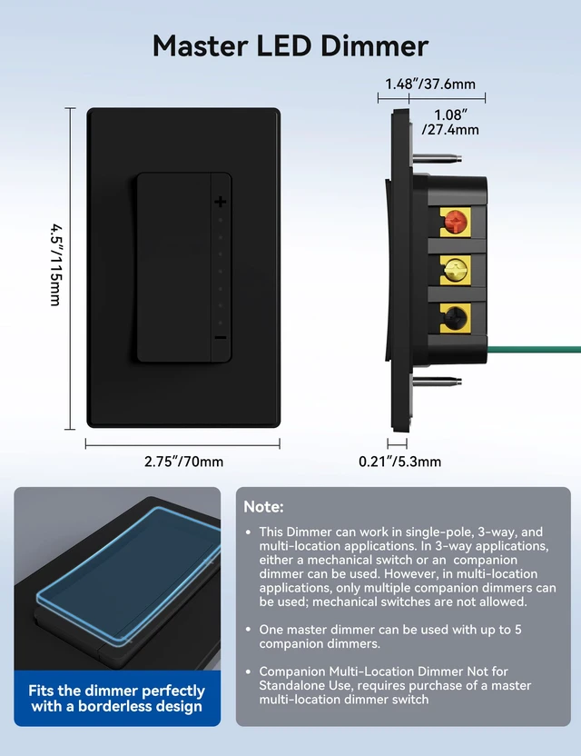 Alt view image 7 of 7 - LEDPro Multi-Location Dimmer, EDM25BM Master Dimmer Light Switch for LED, Single Pole/3 Way, 2 Pack, Matte Black
