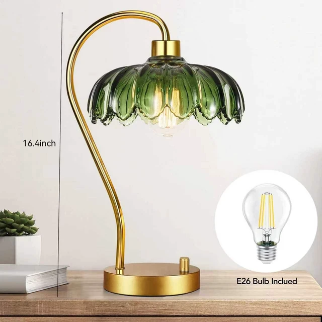 Alt view image 6 of 7 - Flower Table Lamp for Bedroom Living Room,Small Gold Bedside Lamps Dimmable Boho Bedroom Lamp with Glass Green Lamp Shade,Vintage Mid Century Modern Mini Nightstand Lamp