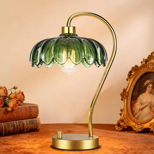 Alt view image 7 of 7 - Flower Table Lamp for Bedroom Living Room,Small Gold Bedside Lamps Dimmable Boho Bedroom Lamp with Glass Green Lamp Shade,Vintage Mid Century Modern Mini Nightstand Lamp