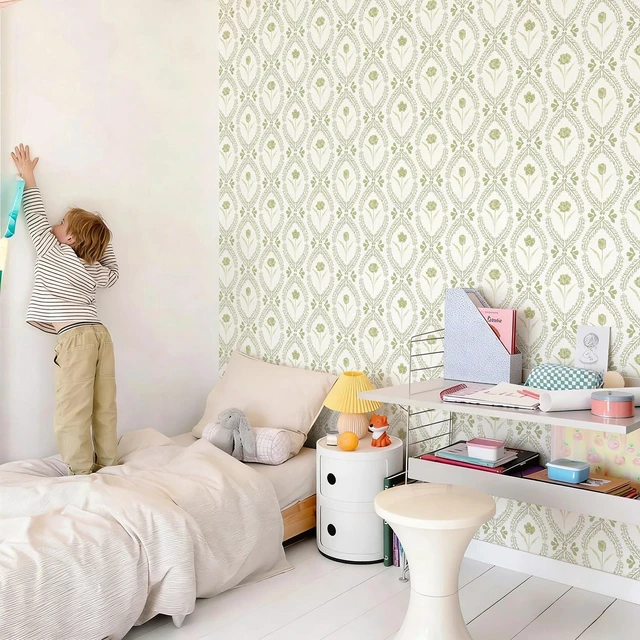 Alt view image 6 of 7 - Peel and Stick Wallpaper Floral Vintage Stick on Wall Paper 16.9in x196.8in Beige and Green Floral Contact Paper for Cabinet Removable Self Adhesive Wallpaper Vinyl Roll Shelf Decor