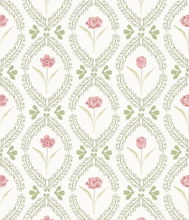 Main image of Peel and Stick Wallpaper Green Pink Floral Wallpaper 16.9in x196.8in Leaf Contact Paper Vinyl Waterproof Self Adhesive Boho Botanical Wallpapers for Bedroom Living Room Decor