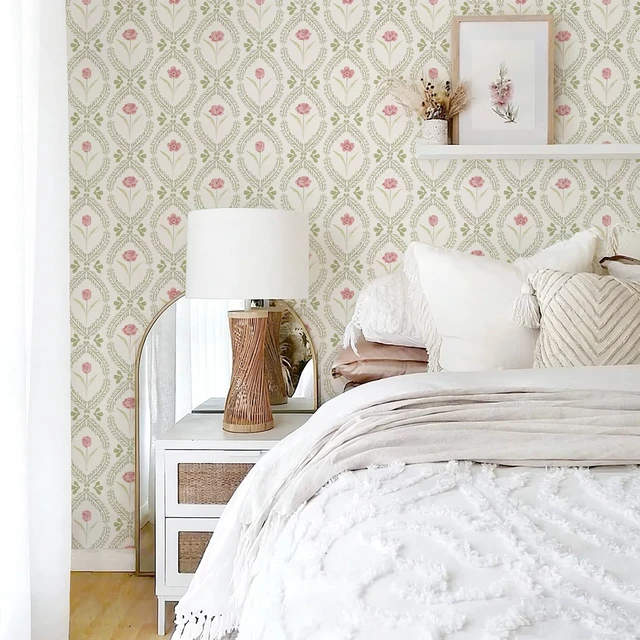 Alt view image 2 of 7 - Peel and Stick Wallpaper Green Pink Floral Wallpaper 16.9in x196.8in Leaf Contact Paper Vinyl Waterproof Self Adhesive Boho Botanical Wallpapers for Bedroom Living Room Decor