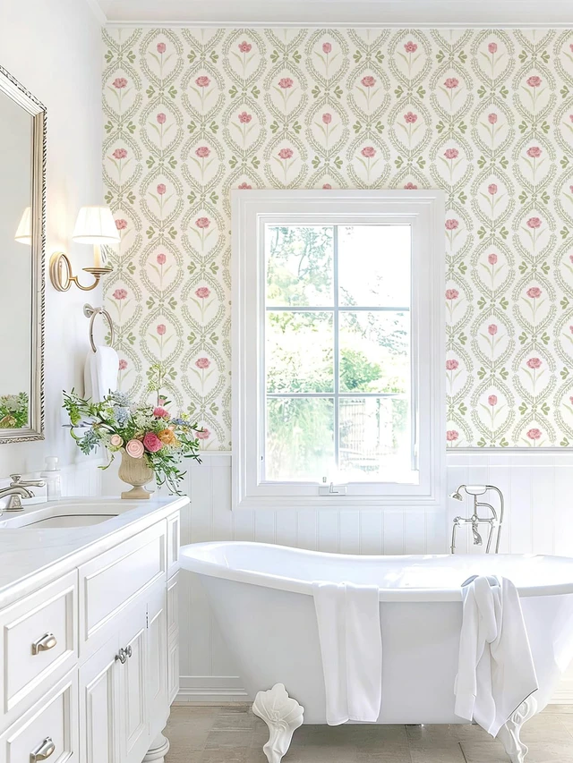 Alt view image 3 of 7 - Peel and Stick Wallpaper Green Pink Floral Wallpaper 16.9in x196.8in Leaf Contact Paper Vinyl Waterproof Self Adhesive Boho Botanical Wallpapers for Bedroom Living Room Decor