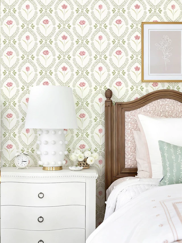 Alt view image 4 of 7 - Peel and Stick Wallpaper Green Pink Floral Wallpaper 16.9in x196.8in Leaf Contact Paper Vinyl Waterproof Self Adhesive Boho Botanical Wallpapers for Bedroom Living Room Decor
