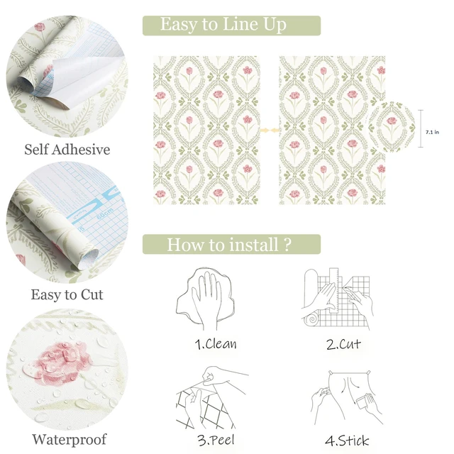 Alt view image 5 of 7 - Peel and Stick Wallpaper Green Pink Floral Wallpaper 16.9in x196.8in Leaf Contact Paper Vinyl Waterproof Self Adhesive Boho Botanical Wallpapers for Bedroom Living Room Decor