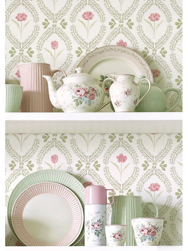 Alt view image 6 of 7 - Peel and Stick Wallpaper Green Pink Floral Wallpaper 16.9in x196.8in Leaf Contact Paper Vinyl Waterproof Self Adhesive Boho Botanical Wallpapers for Bedroom Living Room Decor