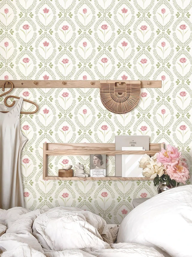 Alt view image 7 of 7 - Peel and Stick Wallpaper Green Pink Floral Wallpaper 16.9in x196.8in Leaf Contact Paper Vinyl Waterproof Self Adhesive Boho Botanical Wallpapers for Bedroom Living Room Decor