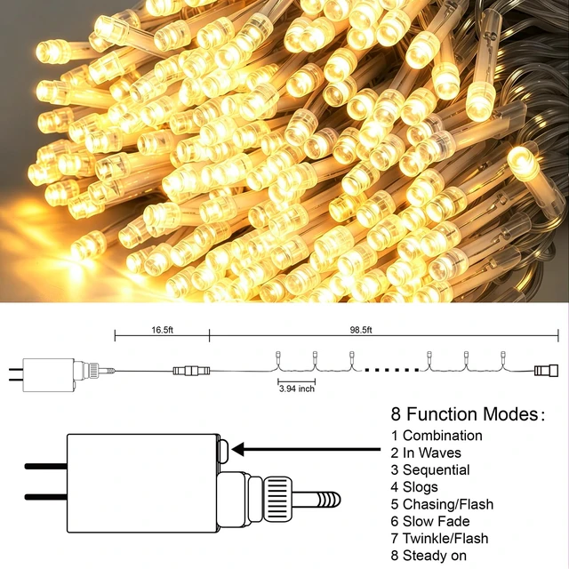 Alt view image 4 of 7 - 300 LED String Lights Outdoor Indoor, Extra Long 98.5FT Christmas Lights, 8 Lighting Modes, Plug in Waterproof Fairy Lights for Wedding Party Bedroom Decorations (Warm White)