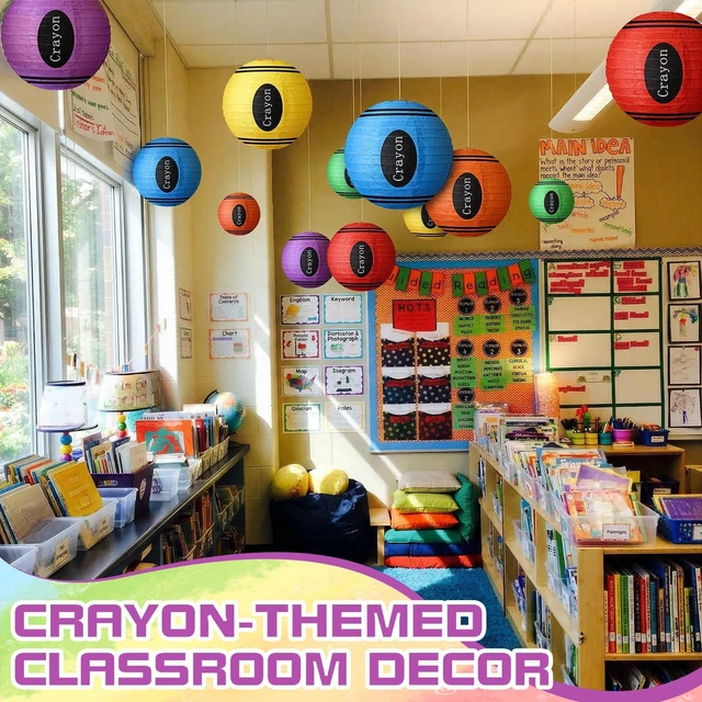 Alt view image 5 of 7 - 12 Pcs Crayon Classroom Decor 10" Back to School Lanterns Crayon Paper Round Lanterns Classroom Hanging Decor for First Day of School Art Ceiling Kindergarten Welcome Party Supplies