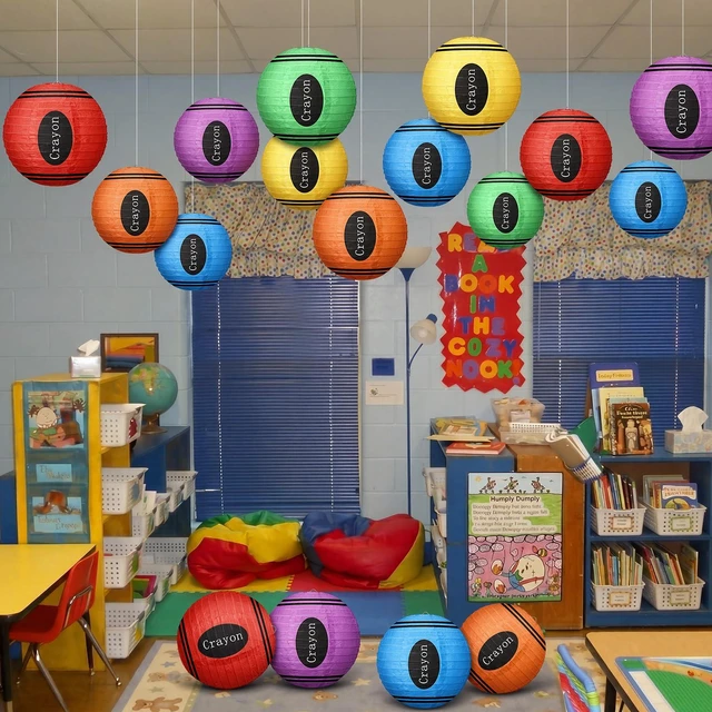 Alt view image 6 of 7 - 12 Pcs Crayon Classroom Decor 10" Back to School Lanterns Crayon Paper Round Lanterns Classroom Hanging Decor for First Day of School Art Ceiling Kindergarten Welcome Party Supplies
