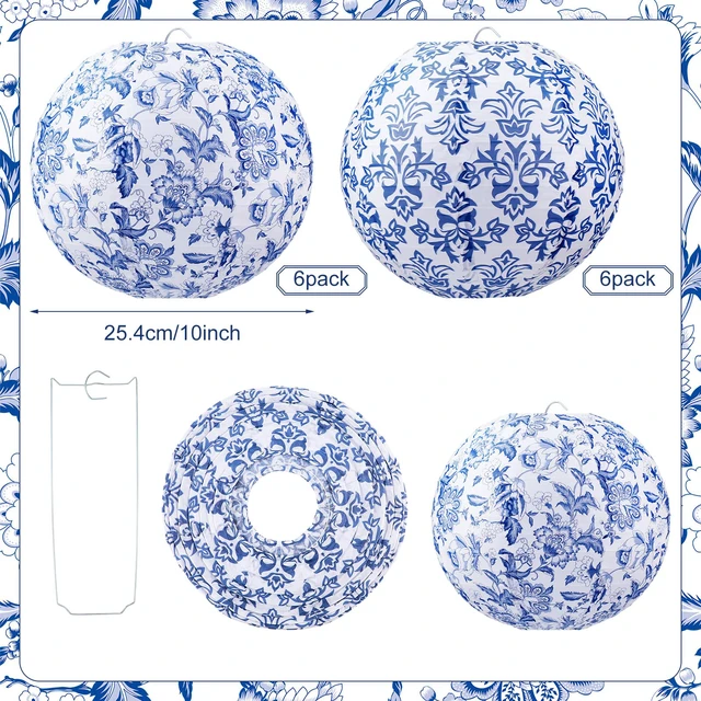 Alt view image 3 of 7 - 12 Pcs Chinoiserie Paper Lantern 10" Blue and White Porcelain Print Hanging Lanterns for Classroom Birthday Wedding Ceiling, Back to School Party, Assorted Pastel Colors Set, Round Paper Decor