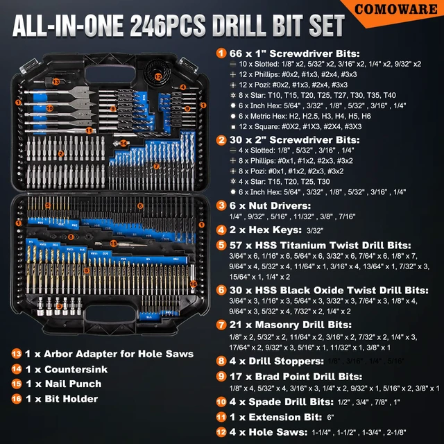 Alt view image 2 of 7 - Drill Bit Set, 246 Pcs for Cordless Drill, Drill Driver Bit Set for Wood, Metal, Masonry, Cement and Screwdriver Bits Set Combo Kit