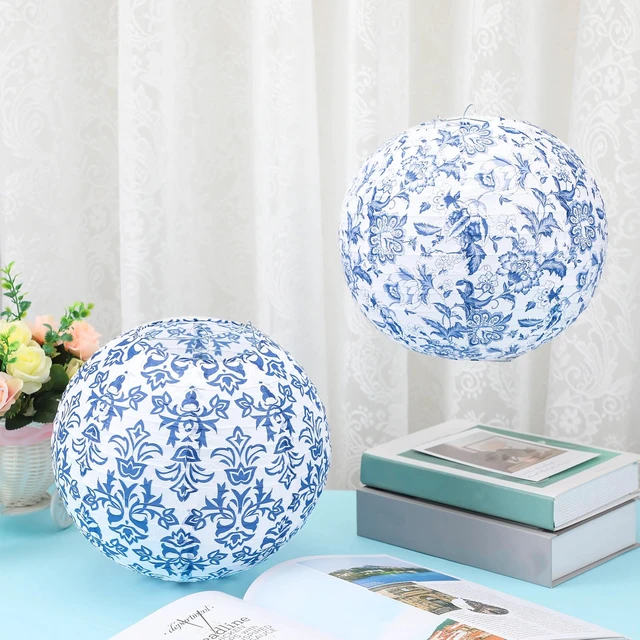 Alt view image 2 of 7 - 12 Pcs Chinoiserie Paper Lantern 10" Blue and White Porcelain Print Hanging Lanterns for Classroom Birthday Wedding Ceiling, Back to School Party, Assorted Pastel Colors Set, Round Paper Decor