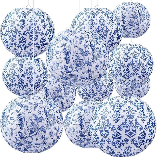 Main image of 12 Pcs Chinoiserie Paper Lantern 10" Blue and White Porcelain Print Hanging Lanterns for Classroom Birthday Wedding Ceiling, Back to School Party, Assorted Pastel Colors Set, Round Paper Decor