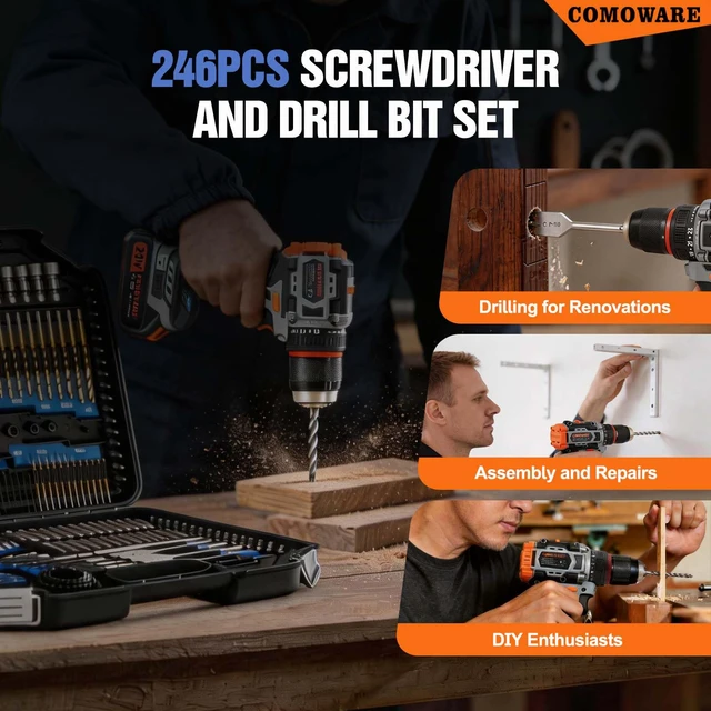 Alt view image 7 of 7 - Drill Bit Set, 246 Pcs for Cordless Drill, Drill Driver Bit Set for Wood, Metal, Masonry, Cement and Screwdriver Bits Set Combo Kit