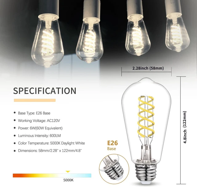 Alt view image 2 of 7 - 12 PCS ST58 Dimmable Spiral Vintage E26 LED Bulb 60 Watt LED Edison Bulbs Antique Decorative Filament Light Bulbs, 6W Equivalent 60 Watt, Daylight 5000K, 600 Lumens, E26 Base, Clear Plastic