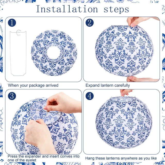 Alt view image 4 of 7 - 12 Pcs Chinoiserie Paper Lantern 10" Blue and White Porcelain Print Hanging Lanterns for Classroom Birthday Wedding Ceiling, Back to School Party, Assorted Pastel Colors Set, Round Paper Decor