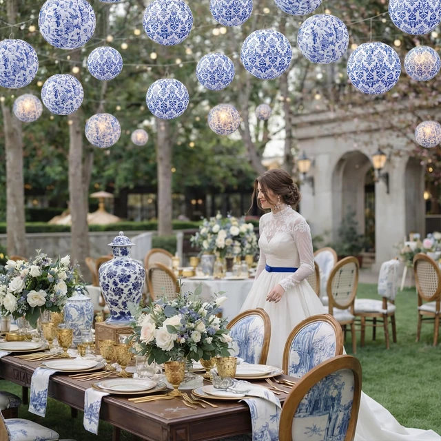 Alt view image 5 of 7 - 12 Pcs Chinoiserie Paper Lantern 10" Blue and White Porcelain Print Hanging Lanterns for Classroom Birthday Wedding Ceiling, Back to School Party, Assorted Pastel Colors Set, Round Paper Decor