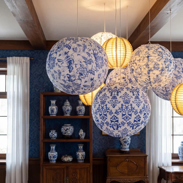 Alt view image 6 of 7 - 12 Pcs Chinoiserie Paper Lantern 10" Blue and White Porcelain Print Hanging Lanterns for Classroom Birthday Wedding Ceiling, Back to School Party, Assorted Pastel Colors Set, Round Paper Decor