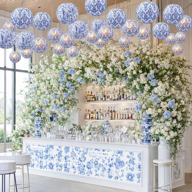 Alt view image 7 of 7 - 12 Pcs Chinoiserie Paper Lantern 10" Blue and White Porcelain Print Hanging Lanterns for Classroom Birthday Wedding Ceiling, Back to School Party, Assorted Pastel Colors Set, Round Paper Decor