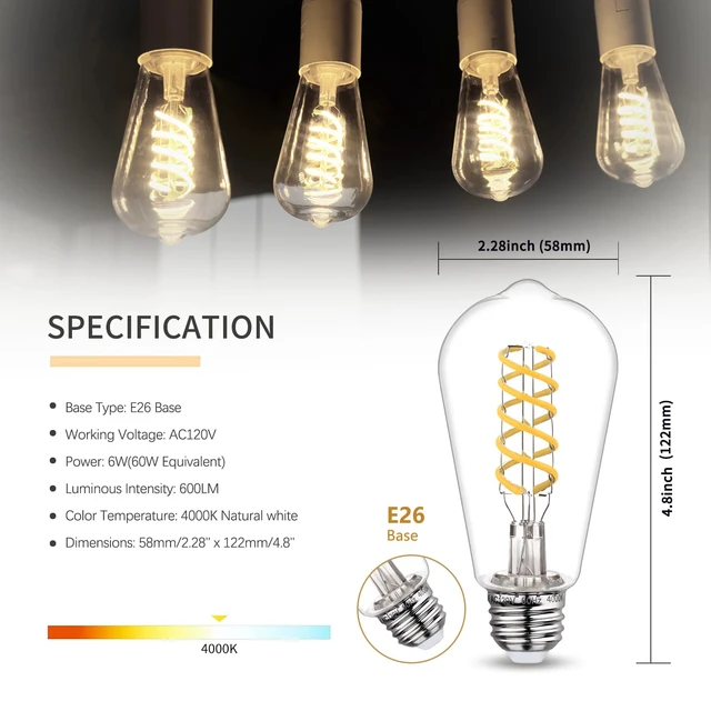 Alt view image 2 of 7 - 12 PCS ST58 Dimmable Spiral Vintage E26 LED Bulb 60 Watt LED Edison Bulbs Antique decorative Filament Light Bulbs, 6W Equivalent 60 Watt, Natural 4000K, 600 Lumen, E26 Base, Clear Plastic