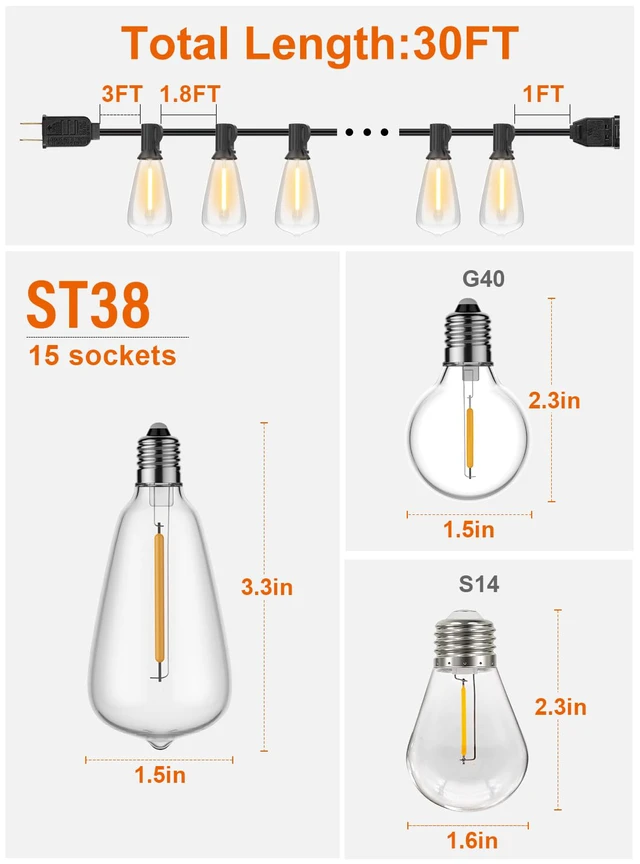 Alt view image 2 of 6 - 30ft Waterproof Patio Lights with 16 Dimmable Hanging Lights Globe ST38 Bulbs, 2700k Shatterproof Connectable for Backyard Gazebo Porch Garden Commercial Outside Decor