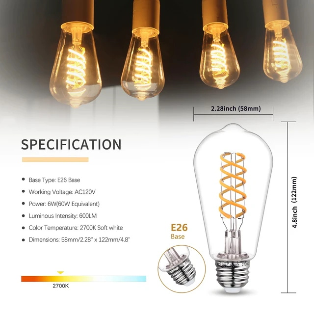 Alt view image 2 of 7 - 12 PCS ST58 Dimmable Spiral Vintage E26 LED Bulb 60 Watt LED Edison Bulbs Antique decorative Filament Light Bulbs, 6W Equivalent 60 Watt, Warm 2700K, 600 Lumen, E26 Base, Clear Plastic