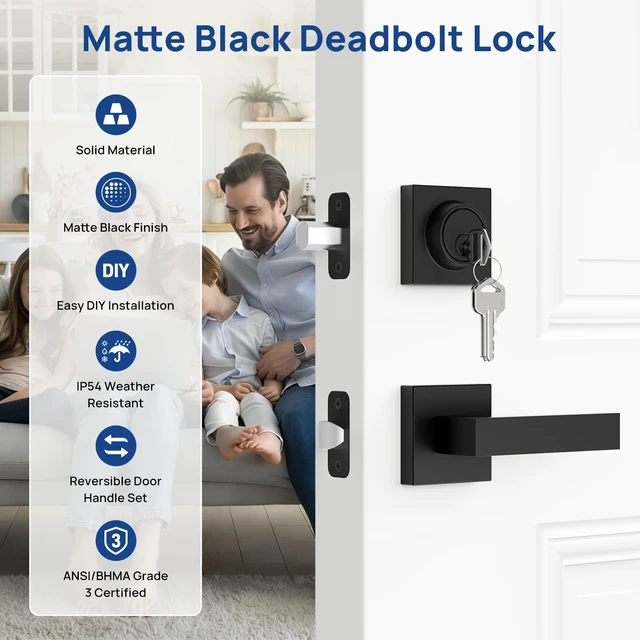 Alt view image 2 of 7 - Exterior Door Lock Set, Door Locks for Front Door with Single Cylinder Deadbolt Lock, Matte Black Flat Square Passage Keyed Alike Entry Door Locksets with Deadbolt for Front Door, 1 Pack