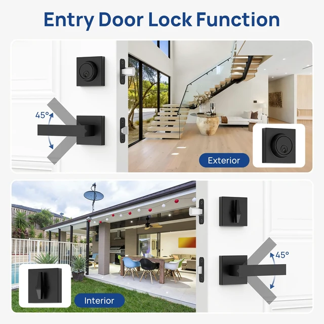 Alt view image 3 of 7 - Exterior Door Lock Set, Door Locks for Front Door with Single Cylinder Deadbolt Lock, Matte Black Flat Square Passage Keyed Alike Entry Door Locksets with Deadbolt for Front Door, 1 Pack