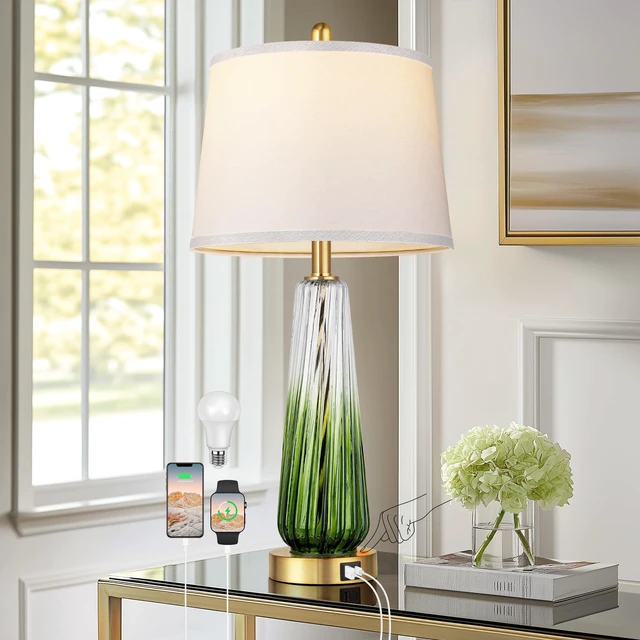 Main image of Modern Glass Table Lamps, 27.5" Bedside Lamps for Bedroom, Green, 1 Pack 2 LED 3-Way Dimmable Bulb Included, Touch Control, USB A+C Charging Ports, Living Room Nightstand Lamp, Gradient Glass, 2700K