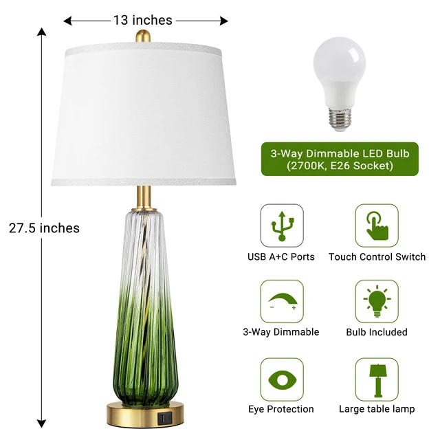 Alt view image 4 of 6 - Modern Glass Table Lamps, 27.5" Bedside Lamps for Bedroom, Green, 1 Pack 2 LED 3-Way Dimmable Bulb Included, Touch Control, USB A+C Charging Ports, Living Room Nightstand Lamp, Gradient Glass, 2700K